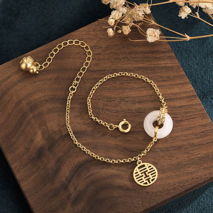 Braccialetto della fortuna della doppia felicità in giada bianca Buddha Stones
