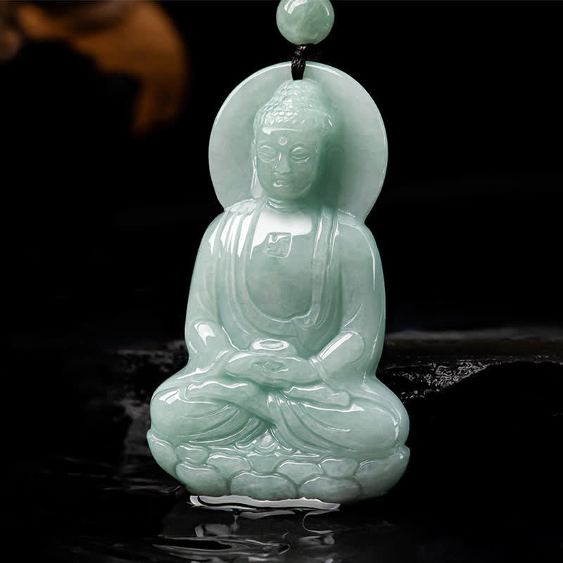 Buddha Stones Amitabha Buddha Amuleto di Giada Collana di Corda della Compassione