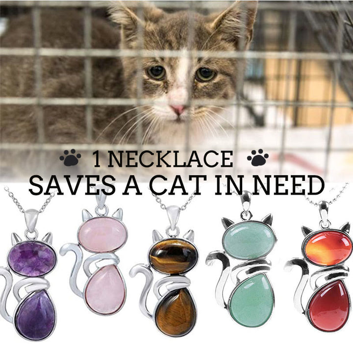 "Save A Cat" Collana con ciondolo amante dei gatti con motivo a gatto carino e protezione in cristallo naturale