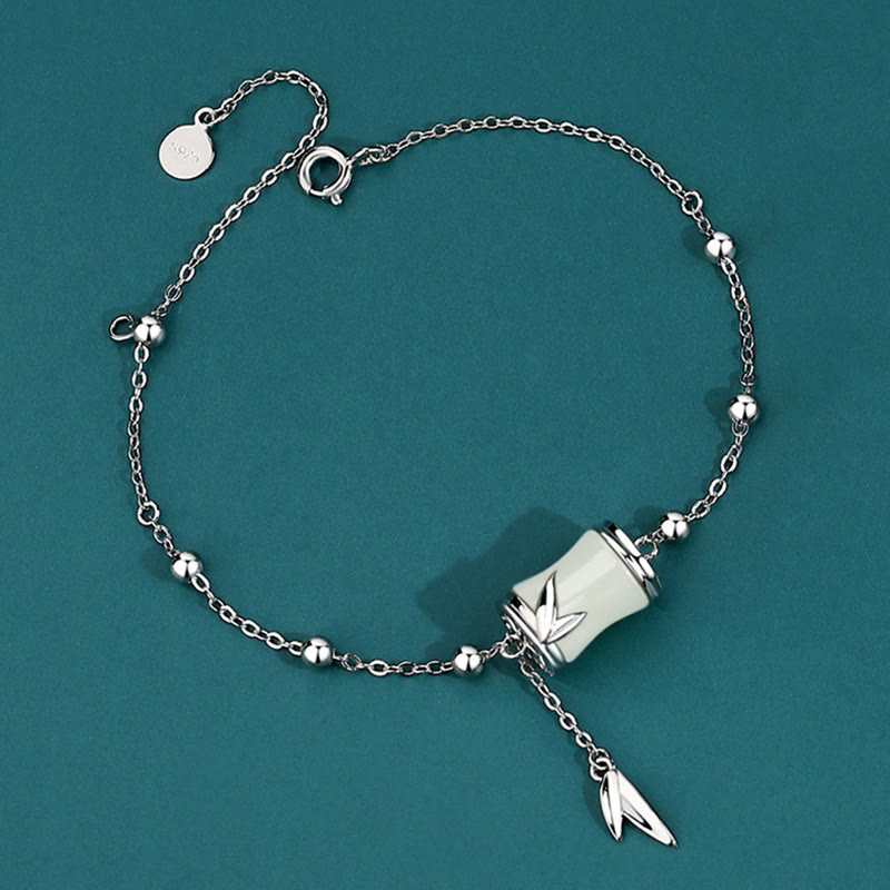 Buddha Stones 925 Sterling Silver 22K Oro Hetian Giada Bianca Foglia di Bambù Collana Pendente Bracciale Portafortuna