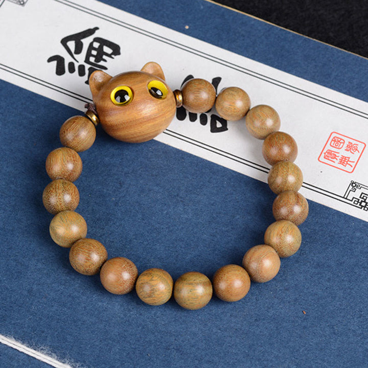 Braccialetto di equilibrio con gatto adorabile , Buddha Stones, legno di ebano, sandalo verde, sandalo rosso - Gatto di sandalo verde 10 mm*15 perline (circonferenza polso 14-16 cm) - image 4
