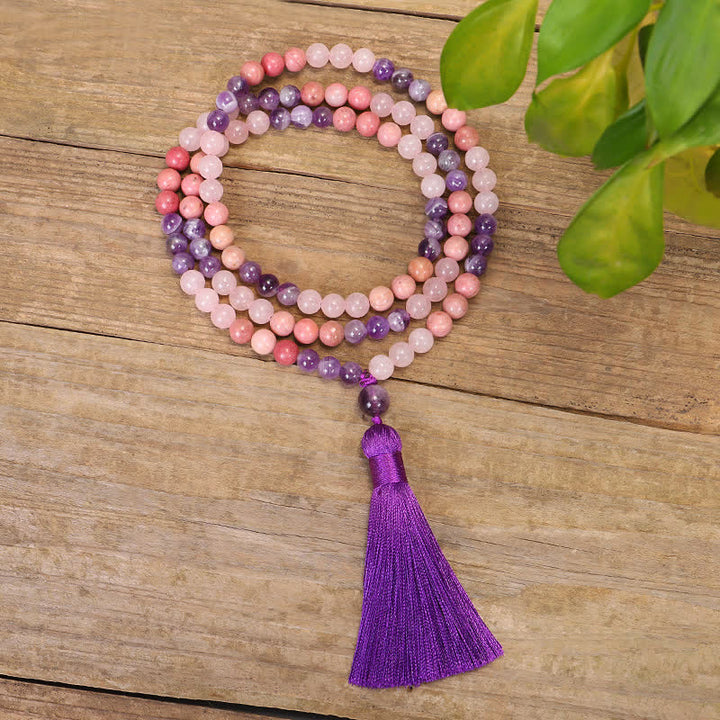 Buddha Stones 108 Mala Beads Ametista Quarzo Rosa Braccialetto con Nappa di Guarigione Spirituale