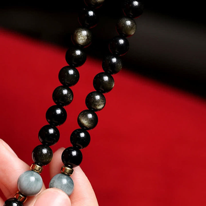 Buddha Stones 108 Mala Beads Oro Lucente Ossidiana Occhio di Tigre Pietra Occhio d'Aquila Bracciale della Ricchezza