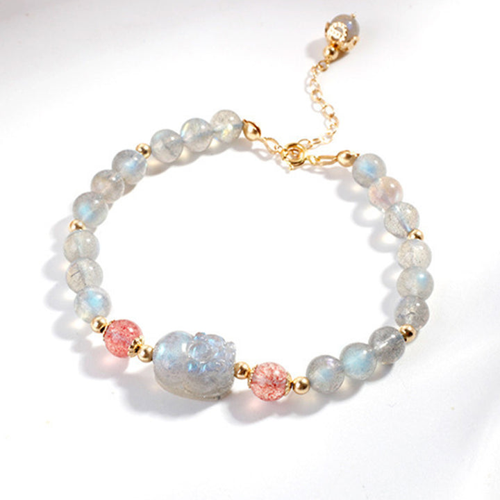 Braccialetto di guarigione PiXiu con pietre di luna, quarzo fragola e Buddha Stones