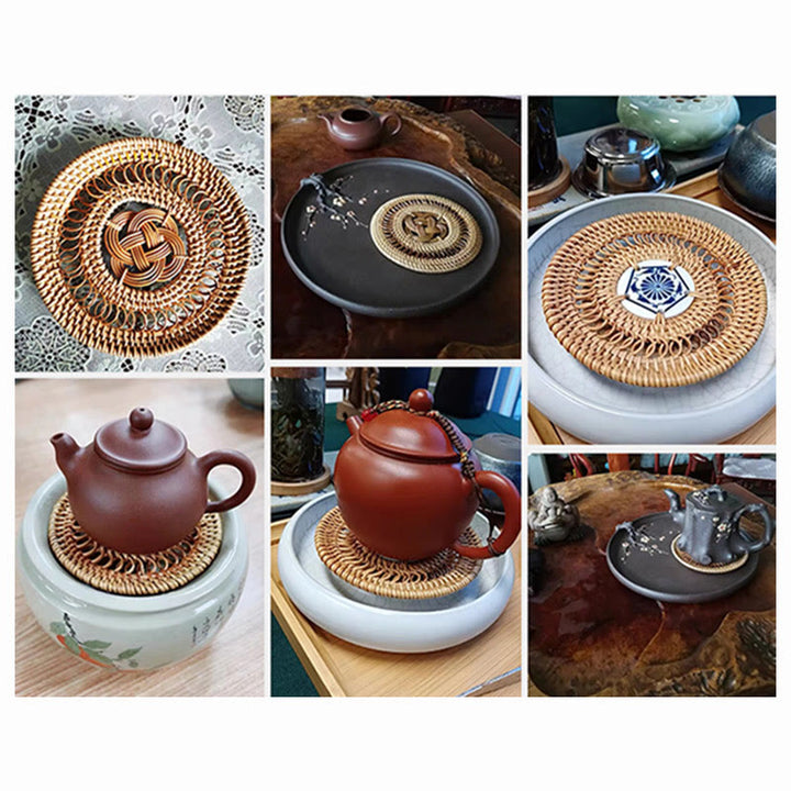 Sottobicchiere per tazza da tè in rattan con motivo floreale in ceramica
