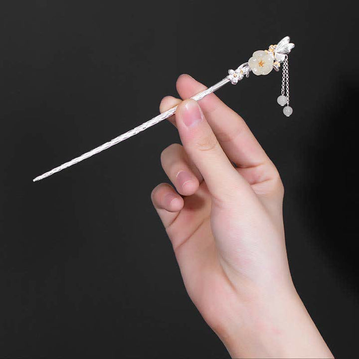 Forcina per capelli con fiore di giada bianca Hetian in argento sterling 925
