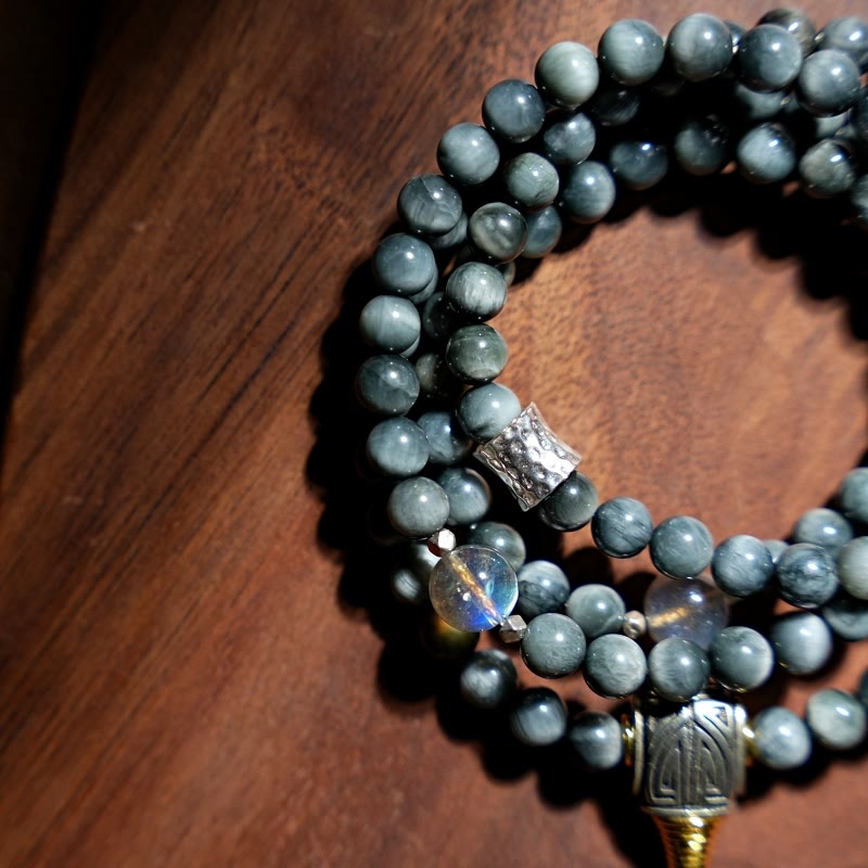 Buddha Stones Argento Sterling 925 108 Perline Mala Pietra Occhio d'Aquila Pietra di Luna Braccialetto Positivo