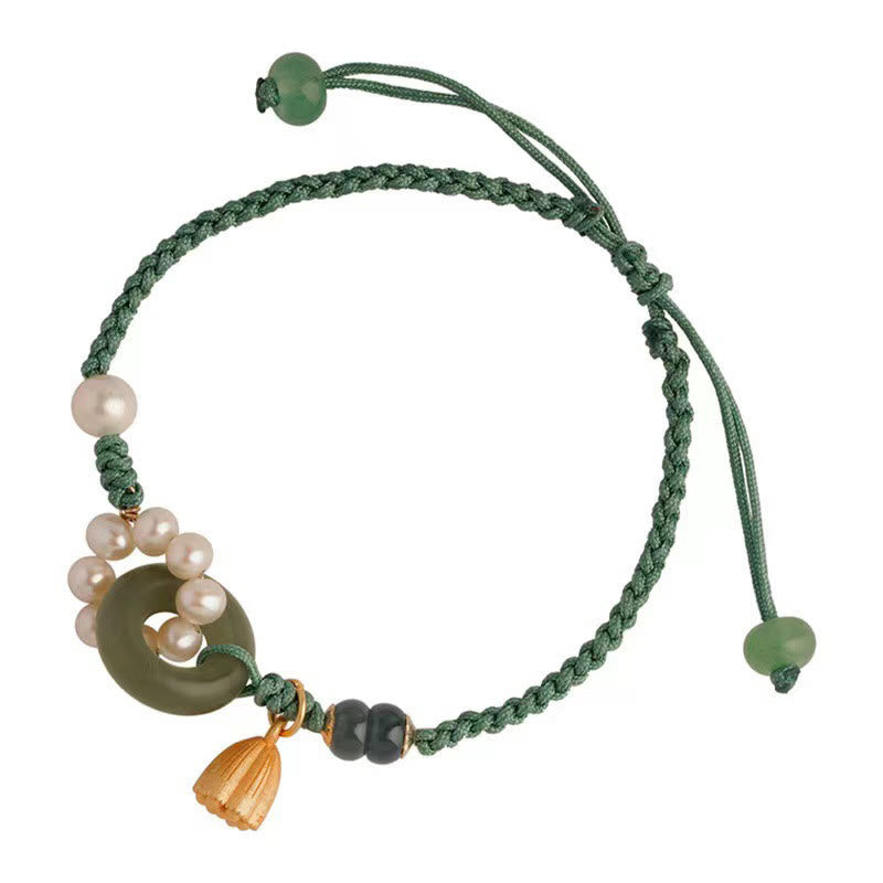 Bracciale intrecciato a mano con perle e giada naturale di Hetian, fibbia della pace, pietre Buddha Stones