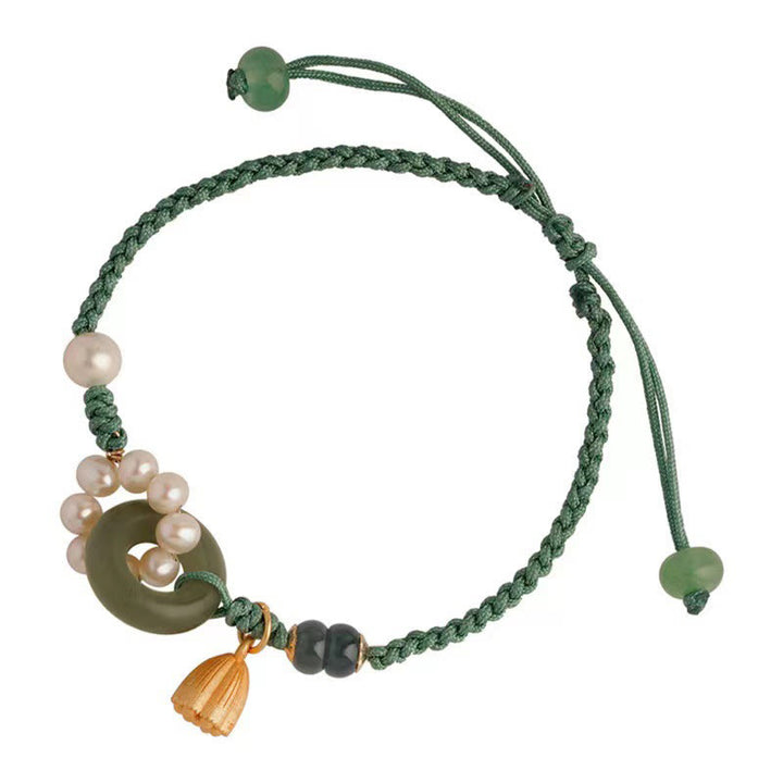 Bracciale intrecciato a mano con perle e giada naturale di Hetian, fibbia della pace, pietre Buddha Stones