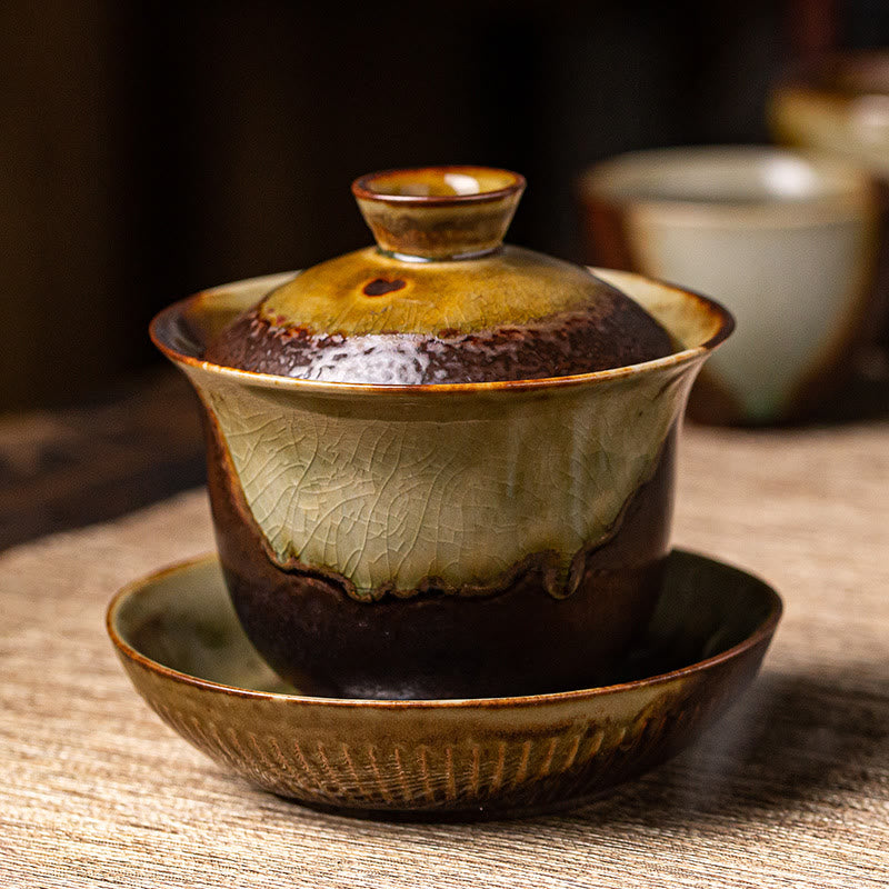 Buddha Stones Vintage Brown Kiln Change Design Porcellana Ceramica Gaiwan Sancai Tazza da tè Kung Fu Tazza da tè e piattino con coperchio