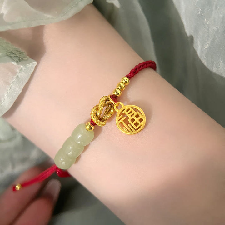 Braccialetto con corda rossa con ciondolo a forma di carattere Fu, con perline di giada lavorate a mano Buddha Stones