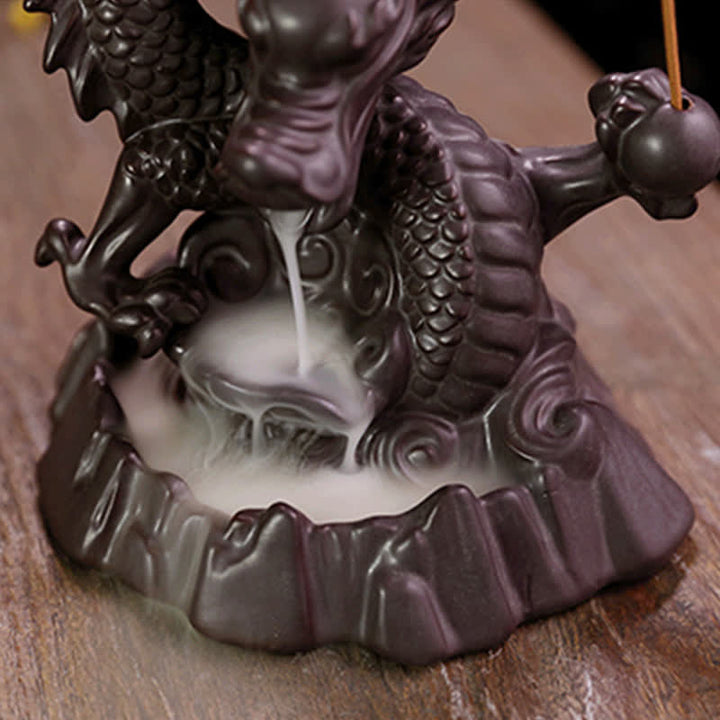 Buddha Stones Drago di buon auspicio Fontana di fumo a riflusso in ceramica Bruciatore di incenso di guarigione Meditazione Decorazione a sfera a LED