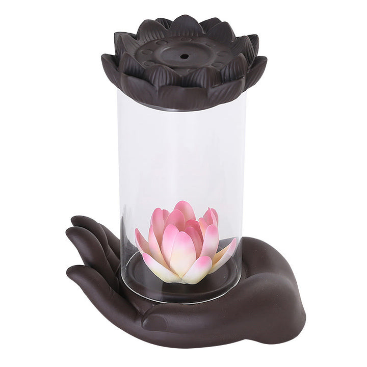 Buddha Stones Mano di Buddha Loto Illuminazione LED Luce Viola Argilla Ceramica Bruciatore di Incenso Decorazione