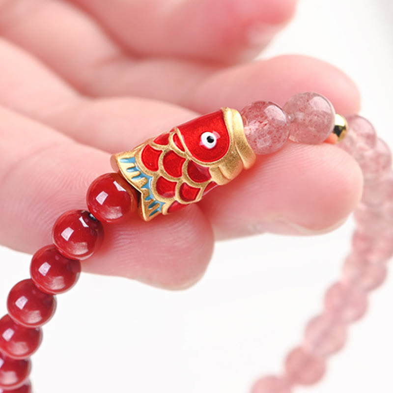 Braccialetto curativo con pesce koi portafortuna in quarzo fragola naturale cinabro Buddha Stones