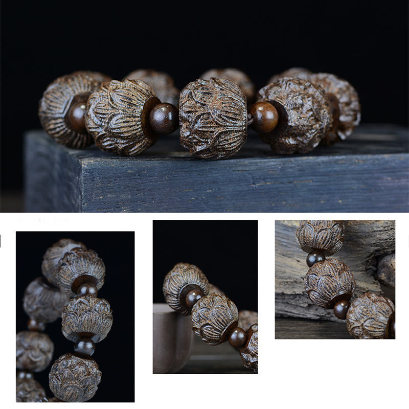 Braccialetto di equilibrio inciso Buddha Stones, legno di ebano, diciotto Arhat, drago di loto