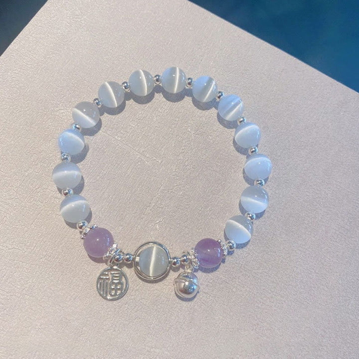 Braccialetto di supporto con ciondolo a forma di campana con carattere Fu, in ametista e occhio di gatto , Buddha Stones