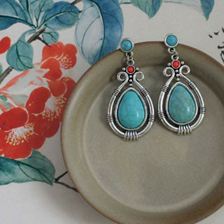 Orecchini pendenti a goccia in turchese vintage tibetano con clip