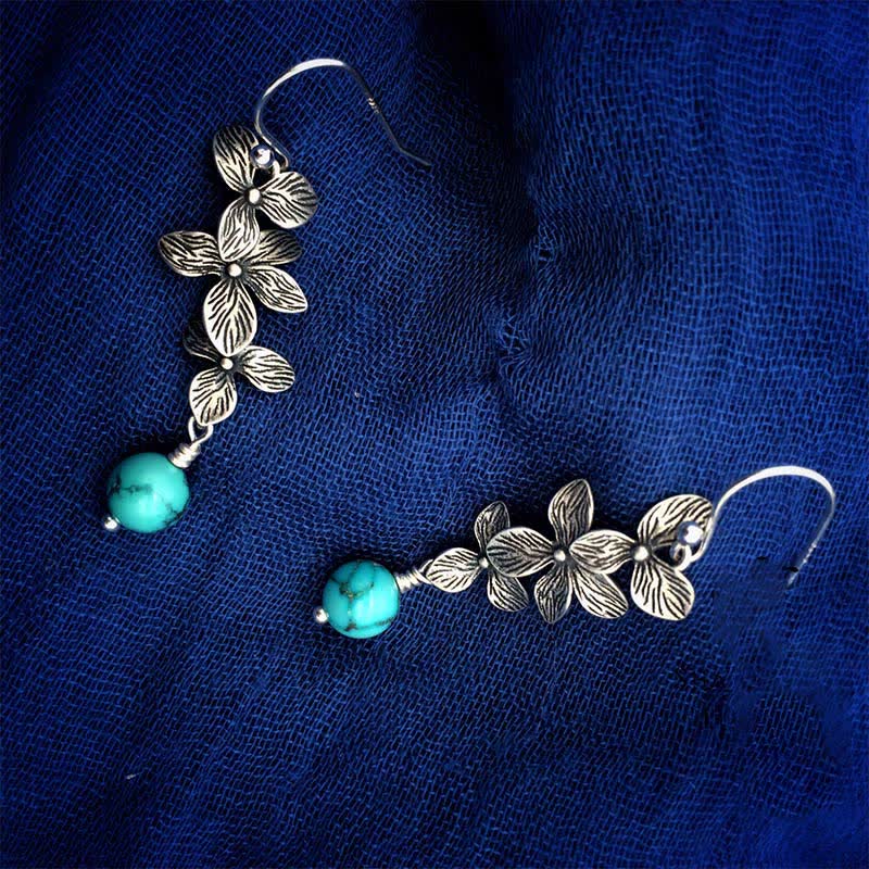 Orecchini pendenti con ciondolo a forma di fiore, foglia, turchese, lazurite, pietre Buddha Stones , argento sterling 925