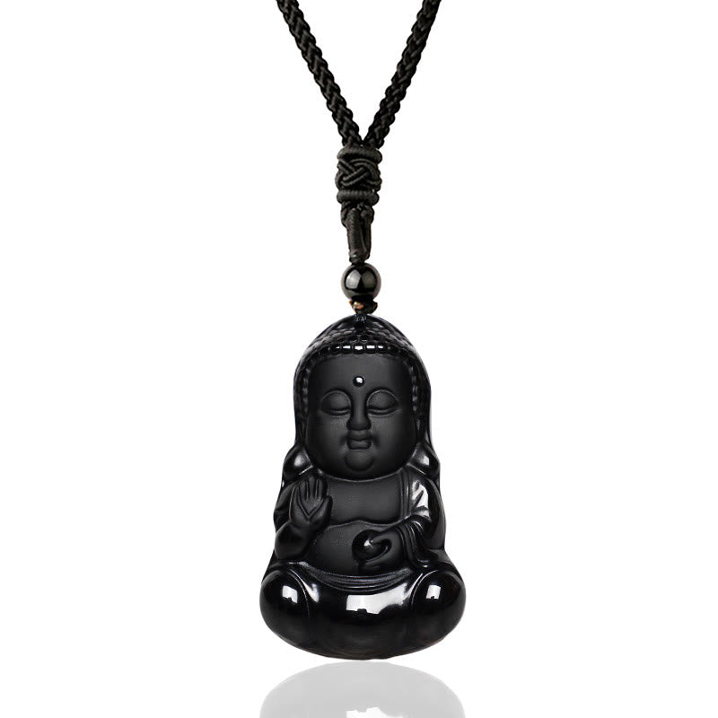 Buddha Stones Ossidiana nera naturale Cristallo Buddha Forza Protezione Amuleto Portafortuna Collana Pendente - image 1