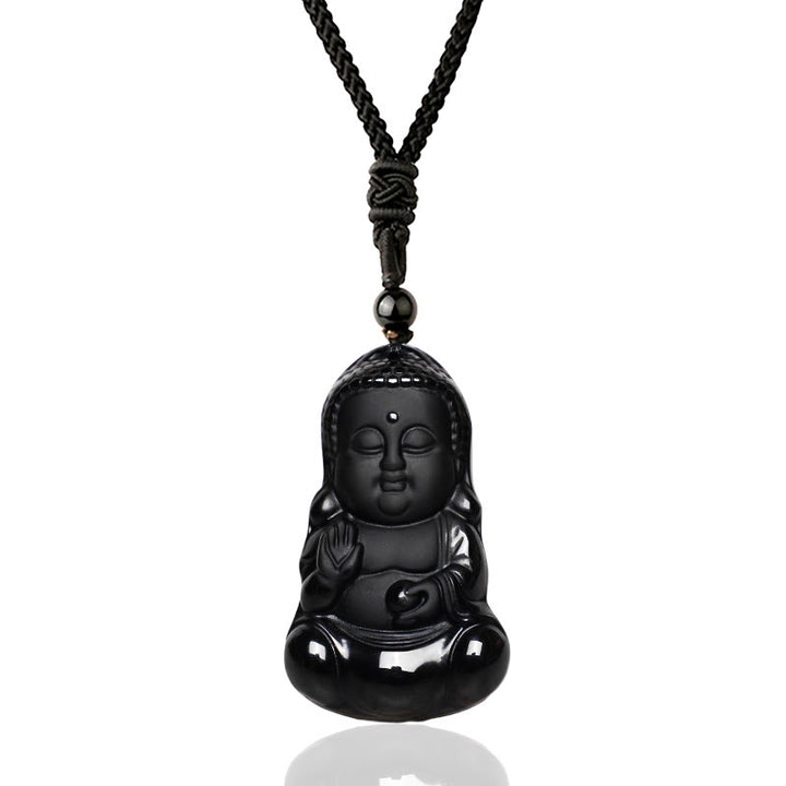 Buddha Stones Ossidiana nera naturale Cristallo Buddha Forza Protezione Amuleto Portafortuna Collana Pendente - image 1