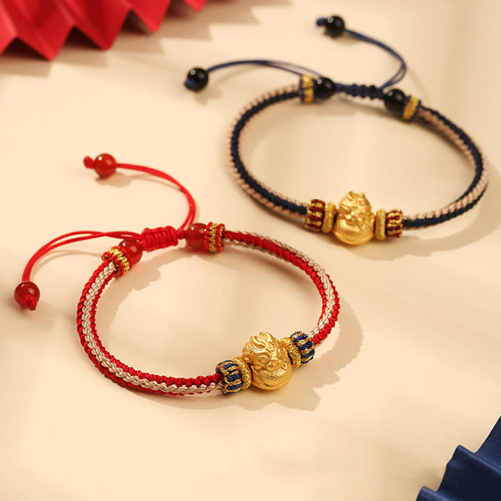 Braccialetto intrecciato fatto a mano in argento Buddha Stones 925 con drago bambino, fortuna e forza