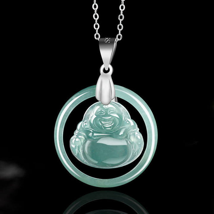 Collana con ciondolo a forma Buddha Stones Buddha con ciondolo a forma di Buddha che ride, in argento sterling 925, giada naturale rotonda
