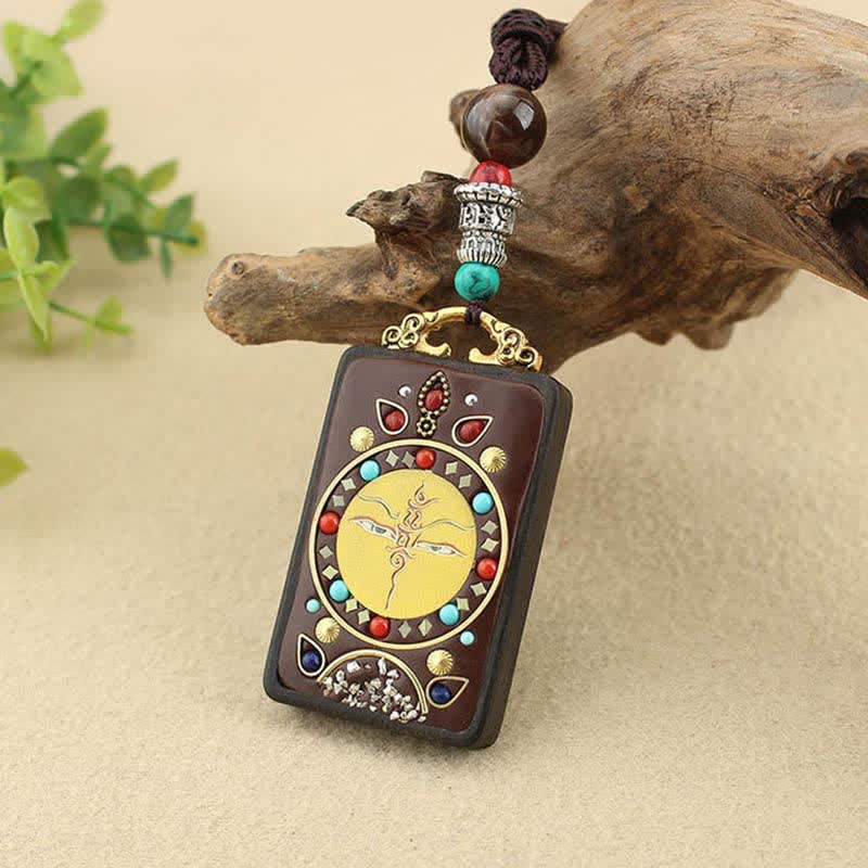 Buddha Stones Tibet Dio della Ricchezza Thangka Ebano Collana Pendente della Pace