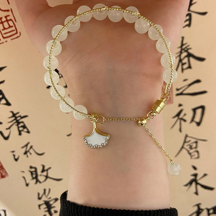 Braccialetto della fortuna con perline di giada e foglie di ginkgo di Buddha Stones