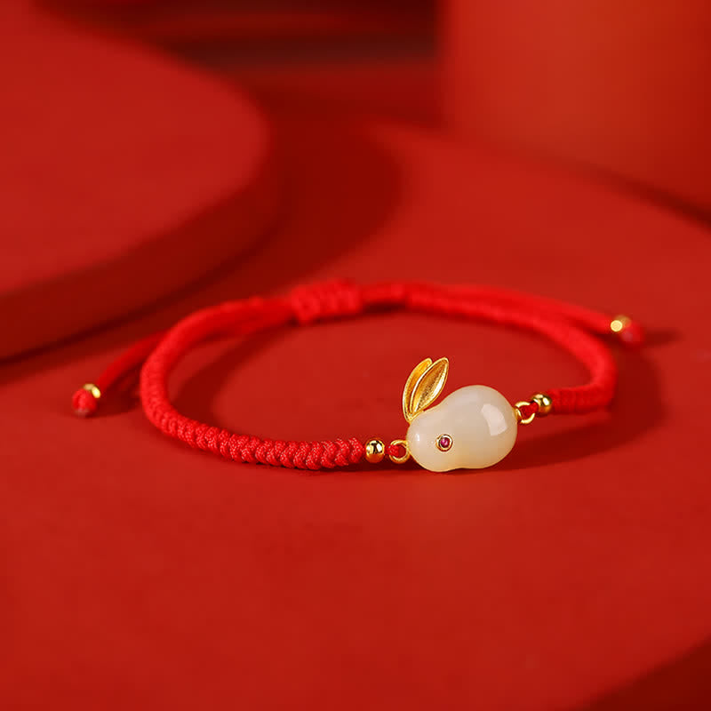 Braccialetto di protezione con corda rossa e giada bianca Hetian dell'anno del coniglio in argento sterling 925 Buddha Stones