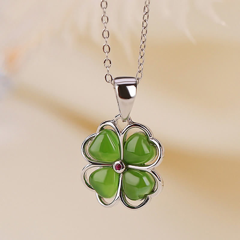 Collana con ciondolo a forma di quadrifoglio fortunato con Buddha Stones in argento sterling 925, giada ciano Hetian, guarigione