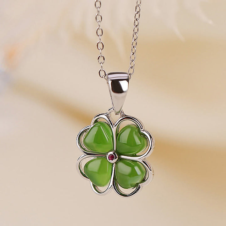 Collana con ciondolo a forma di quadrifoglio fortunato con Buddha Stones in argento sterling 925, giada ciano Hetian, guarigione
