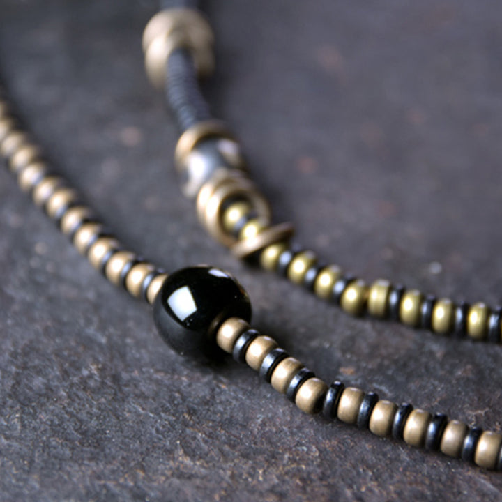 Buddha Stones Legno di ebano Perline Dzi Rame Pace Coppia Bracciale Collana Pendente