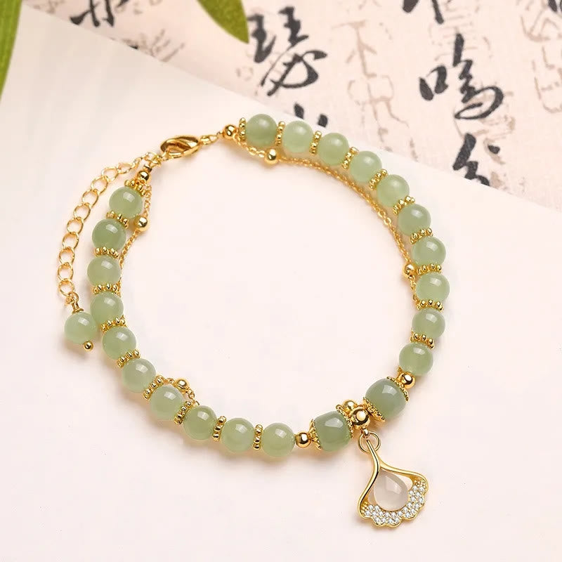 Braccialetto di perline con carattere Fu , Buddha Stones di giada, foglia di ginkgo, tulipano, arachidi e fortuna - Foglia di Ginkgo e Giada - image 9