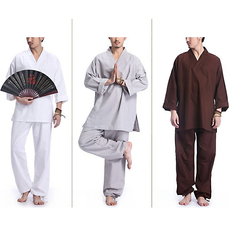 Set da uomo di abbigliamento yoga Buddha Stones a V, in cotone e lino, per meditazione e preghiera, spirituale e zen