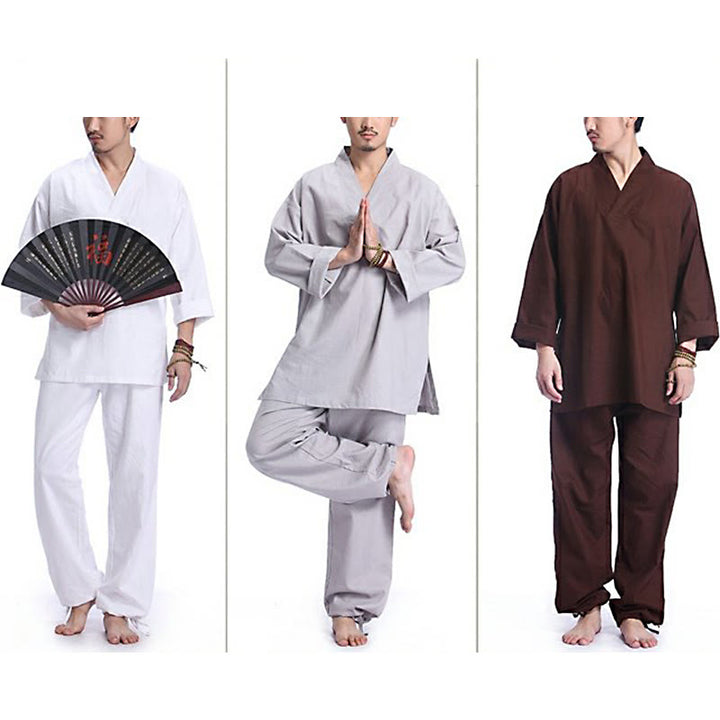 Set da uomo di abbigliamento yoga Buddha Stones a V, in cotone e lino, per meditazione e preghiera, spirituale e zen