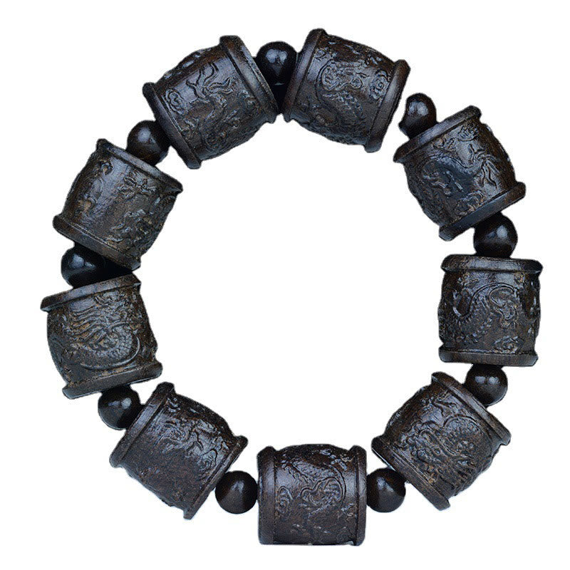 Braccialetto di equilibrio inciso Buddha Stones, legno di ebano, diciotto Arhat, drago di loto