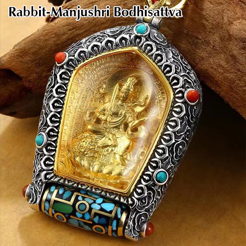 Collana con ciondolo con perline Dzi girevole Tibet Zodiaco cinese Natale Buddha Thangka Prosperità - Coniglio-Manjushri Bodhisattva - image 6