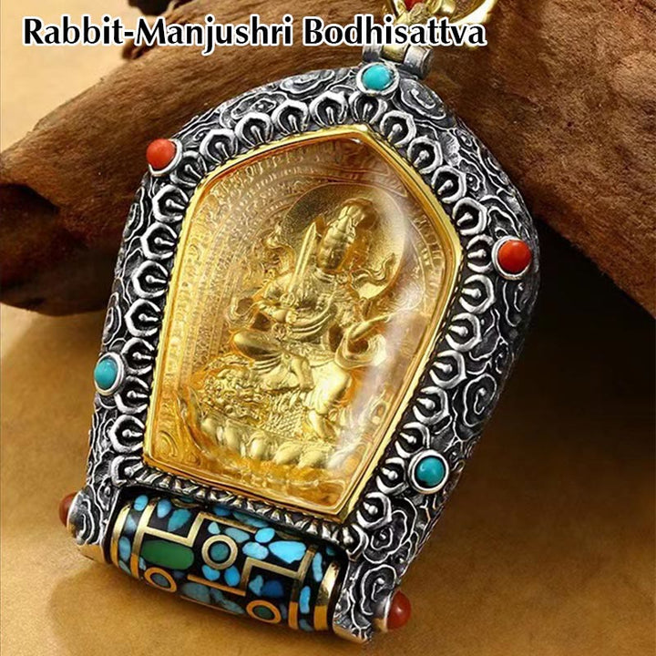 Collana con ciondolo con perline Dzi girevole Tibet Zodiaco cinese Natale Buddha Thangka Prosperità - Coniglio-Manjushri Bodhisattva - image 6