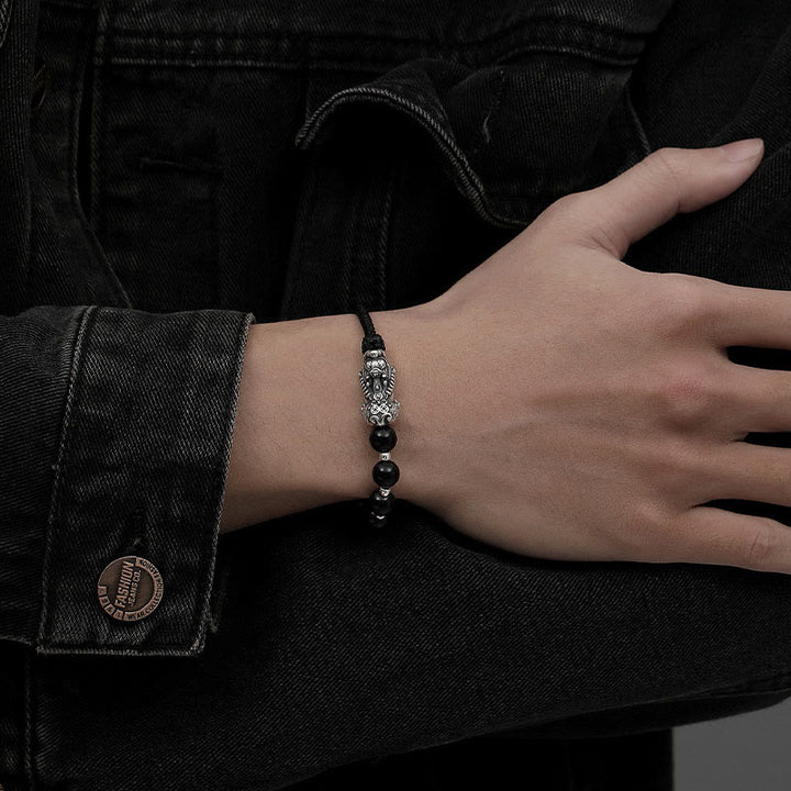 Buddha Stones 999 Sterling Silver FengShui PiXiu Ossidiana nera naturale 925 Sterling Silver Bead Strength Bracciale