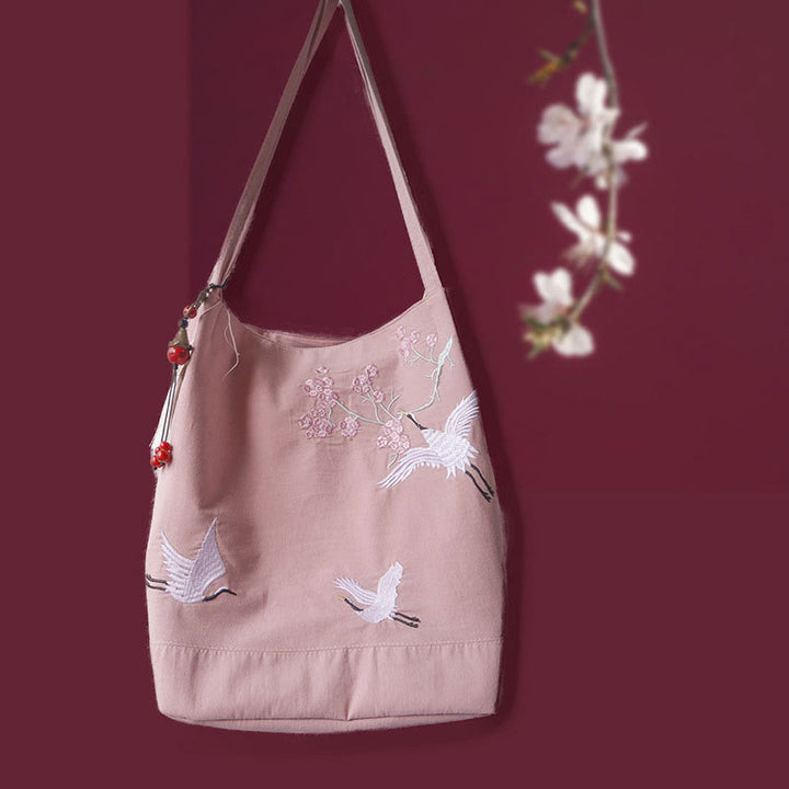 Buddha Stones Flower Crane Plum Blossom Ricamo Tela Grande Capacità Borsa a Tracolla Tote Bag
