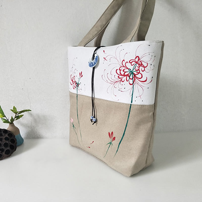 Borsa a tracolla grande capacità in tela con ricamo in bambù, prugna, fiore di pera, pesco