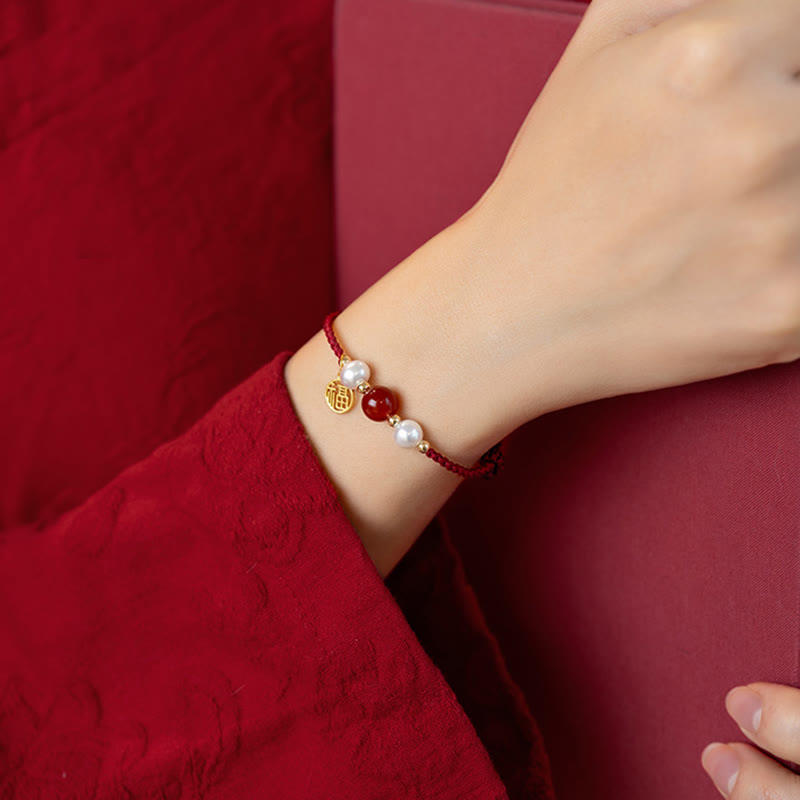Braccialetto intrecciato in corda rossa con perle di agata e carattere Fu in argento sterling 925 con pietre Buddha Stones