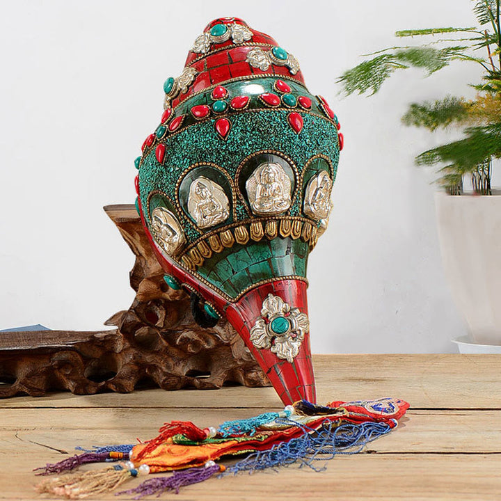 Shankha tibetano fatto a mano Om Mani Padme Hum Buddha Avalokitesvara Turchese Conchiglia Decorazione positiva