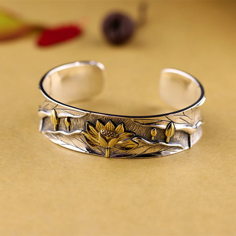 Braccialetto regolabile Buddha Stones 925 Sterling Silver Lotus Flower Calm