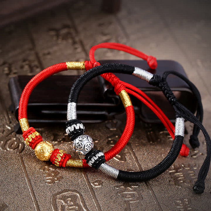Braccialetto di perline con corda di protezione e portafortuna in argento sterling 999 con monete di rame rotonde Buddha Stones