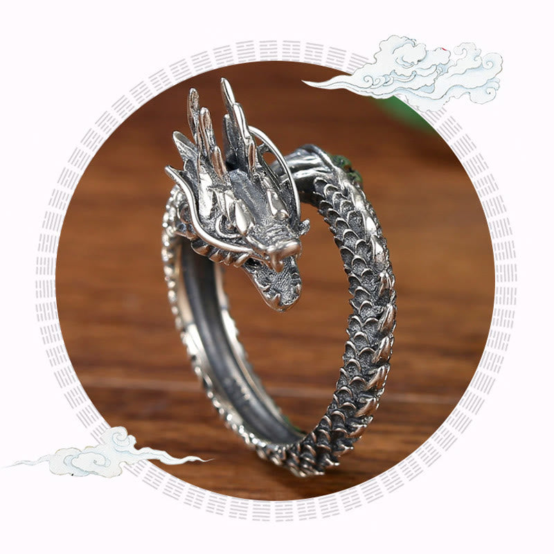 Anello regolabile Buddha Stones 925 Sterling Silver Vintage Dragon Success Protection Strength