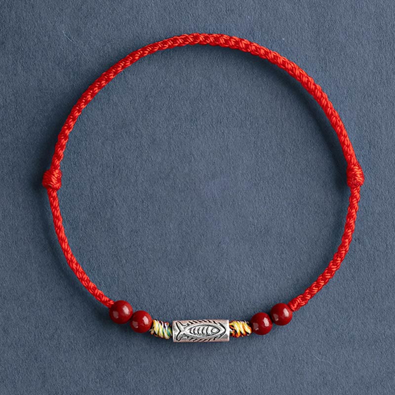 Buddha Stones 925 Sterling Silver Koi Fish Cinnabar Bead Wealth Braccialetto intrecciato artigianale Cavigliera