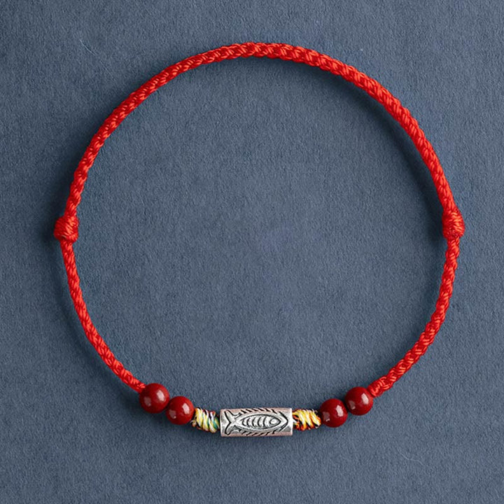 Buddha Stones 925 Sterling Silver Koi Fish Cinnabar Bead Wealth Braccialetto intrecciato artigianale Cavigliera