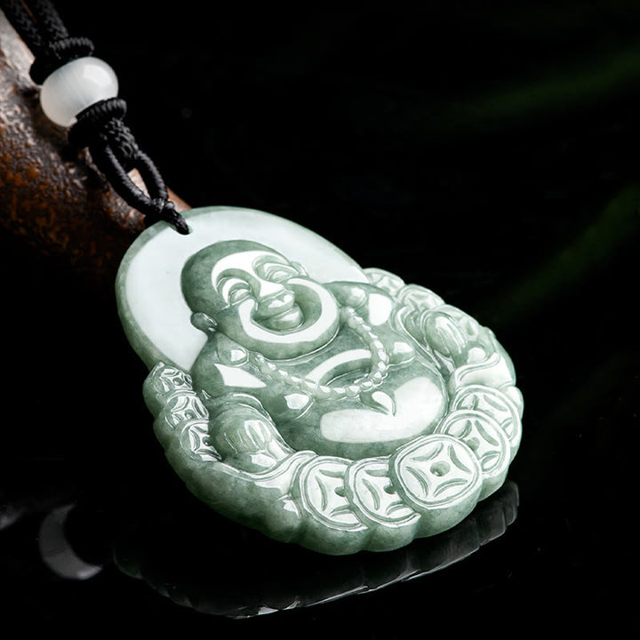 Buddha Stones Buddha che ride Collana con ciondolo in giada naturale con moneta di rame e abbondanza