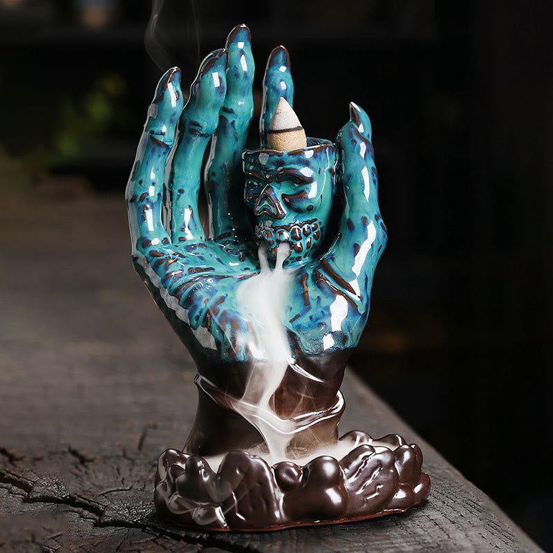 Buddha Stones Halloween Fantasma Mano Teschio Testa Ceramica Pace Guarigione Bruciatore di Incenso Decorazione